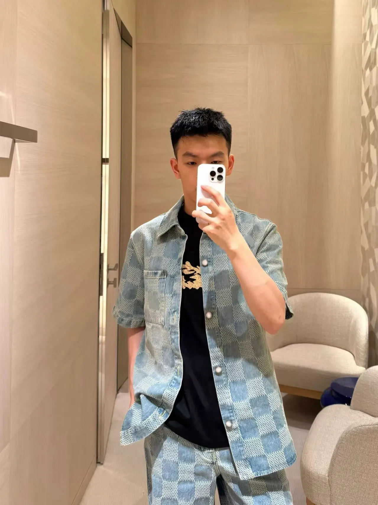 Louis Vuitton/Louis Vuitton all-over checkerboard denim short sleeves